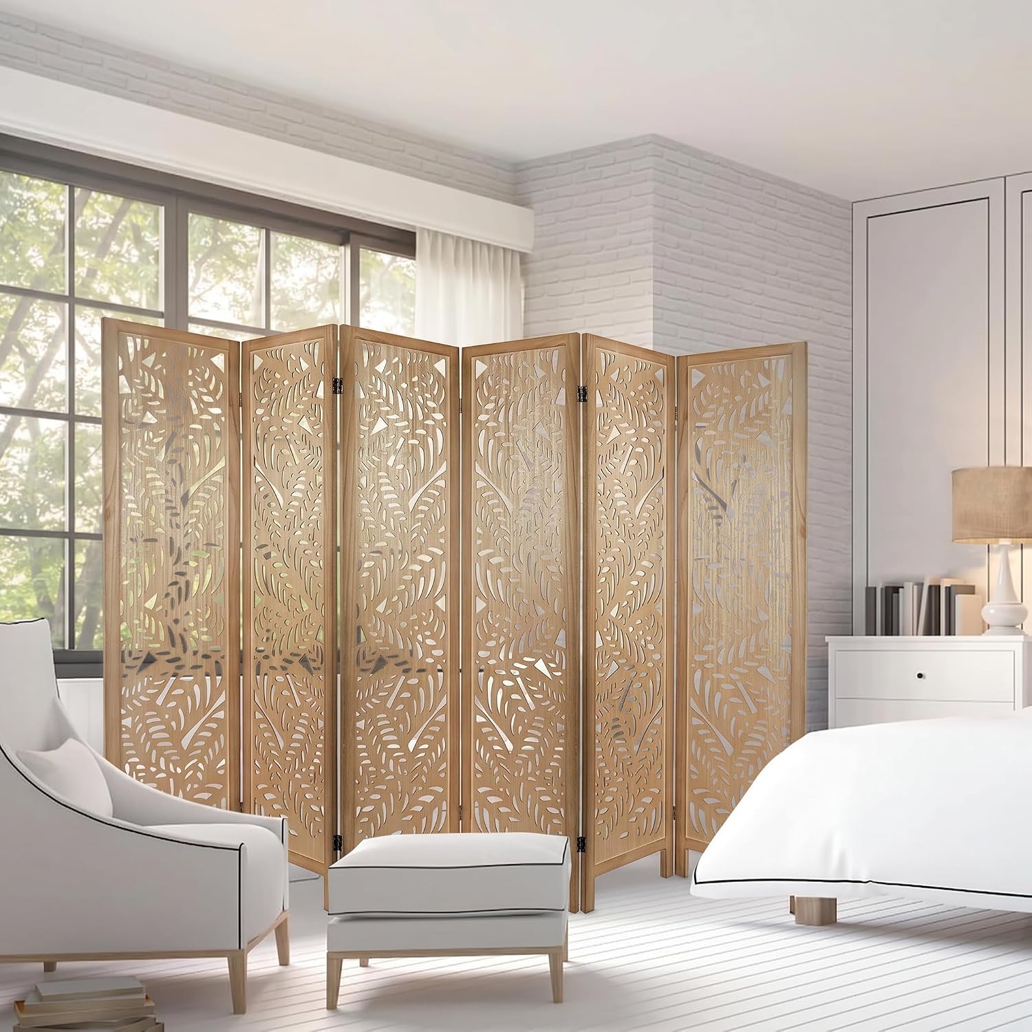6 Panel Leaf-Carved Room Divider, 67 Inch Bohemian Folding Privacy Screen, Natural Wood Room Divider for Room Separation, Decorative Room Partition for Home, Office, Bedroom