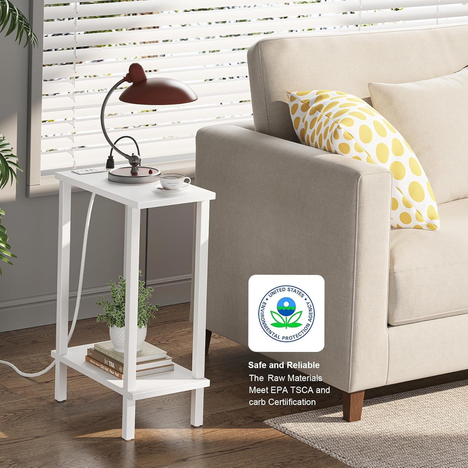 TUTOTAK Small End Table with Charging Station, Narrow Side Table with USB Ports and Outlets, Skinny Sofa Table, Slim Nightstand, Living Room, Bed Room, White TB01BW060