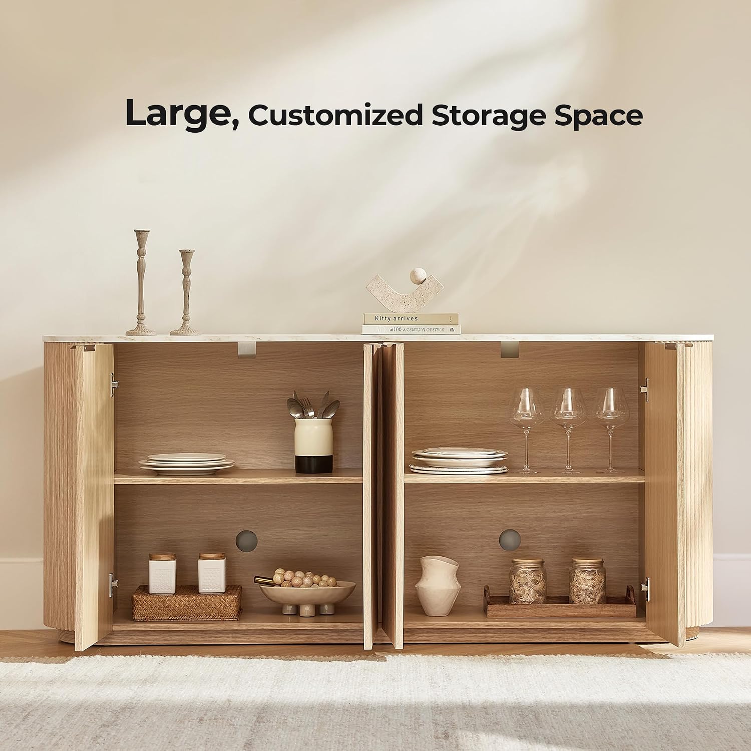 CHITA 70" Sideboard Buffet Cabinet with Storage, Fluted Accent Cabinet with Adjustable Shelves, Media Console for Living Room, 32" H, Oak - Faux Marble