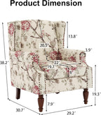 Pia Ricco High Back Floral Accent Chair - Retro Wingback Upholstered Armchair with Nailhead Trim, Solid Wood Legs, Fabric Living Room Bedroom Reading Chair (Flower Beige)