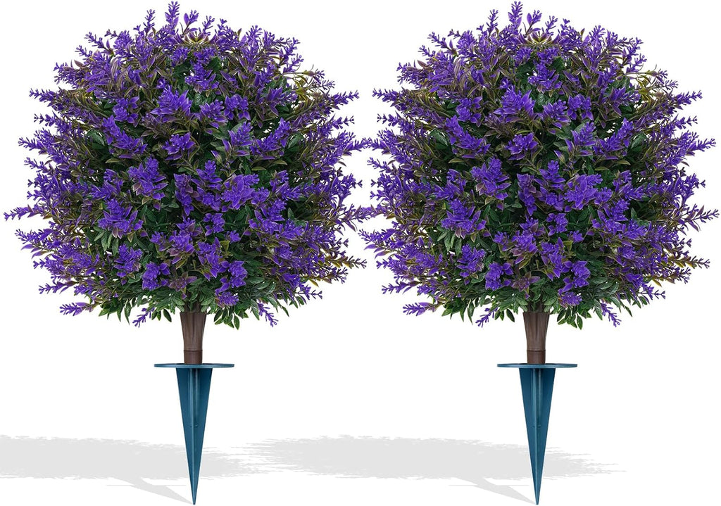 Grooy Artificial Lavender Topiary Ball for Outdoors, Set of 2 Boxwood Plant Tree with Spike, Fake Shrubs UV Resistant Faux Plants for Indoor Outdoor Decor