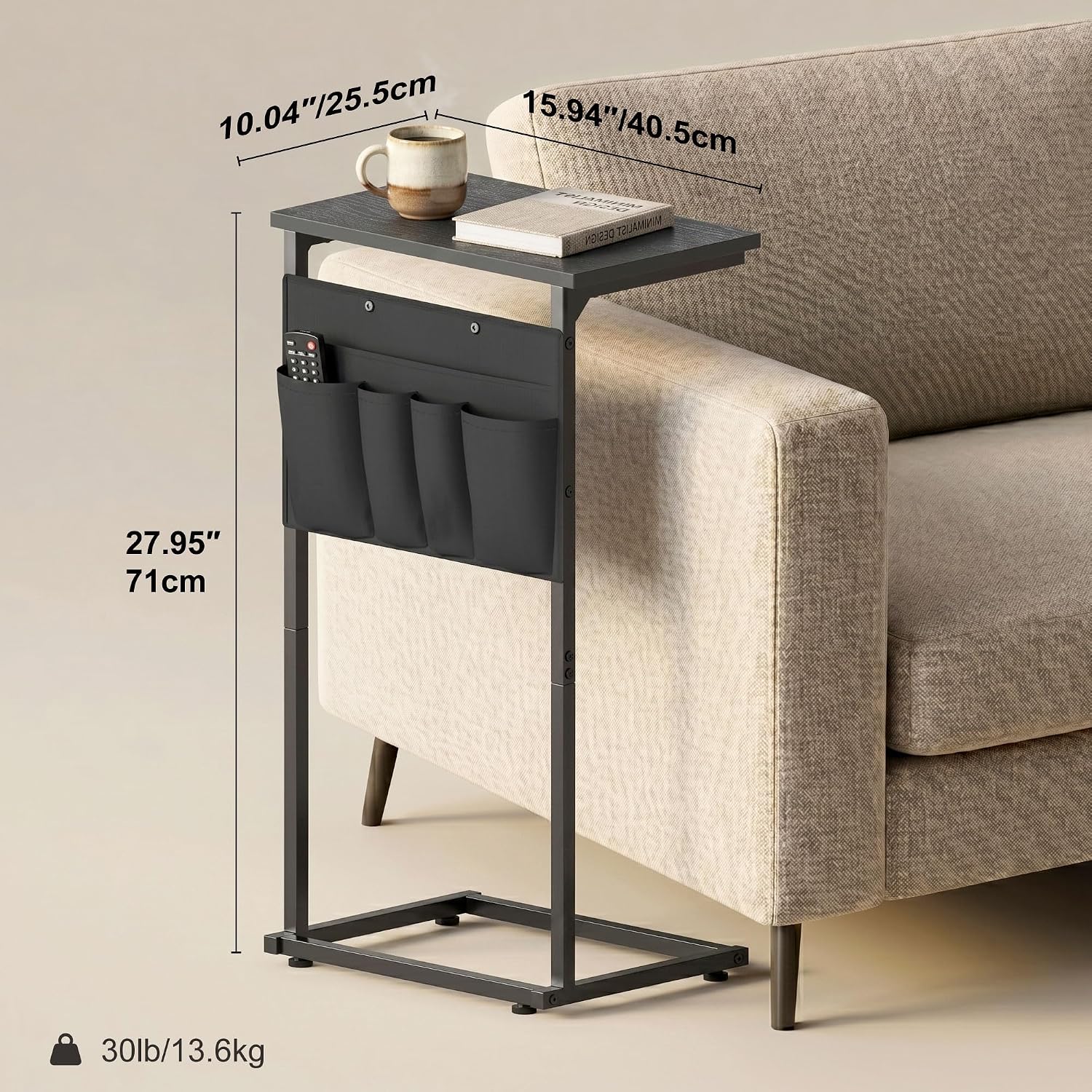 C-Shaped End Table, 28" H Side Table for Couch, Sliding Tray Desk Under Sofa with Storage Bag for Living Room, Bedroom, Office, Black