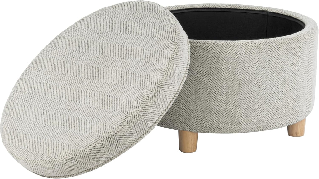 Homepop Home Decor | Upholstered Round Storage Ottoman | Ottoman with Storage for Living Room & Bedroom (Cream Chevron Woven) Large