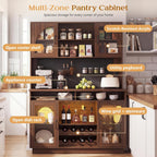 Kitchen Pantry Storage Cabinet, 71" Tall Kitchen Cabinets with Countertop & Shelves, Coffee Bar Cabinet with Charging Station/LED Light, Pantry Cabinets for Kitchen Storage,Walnut