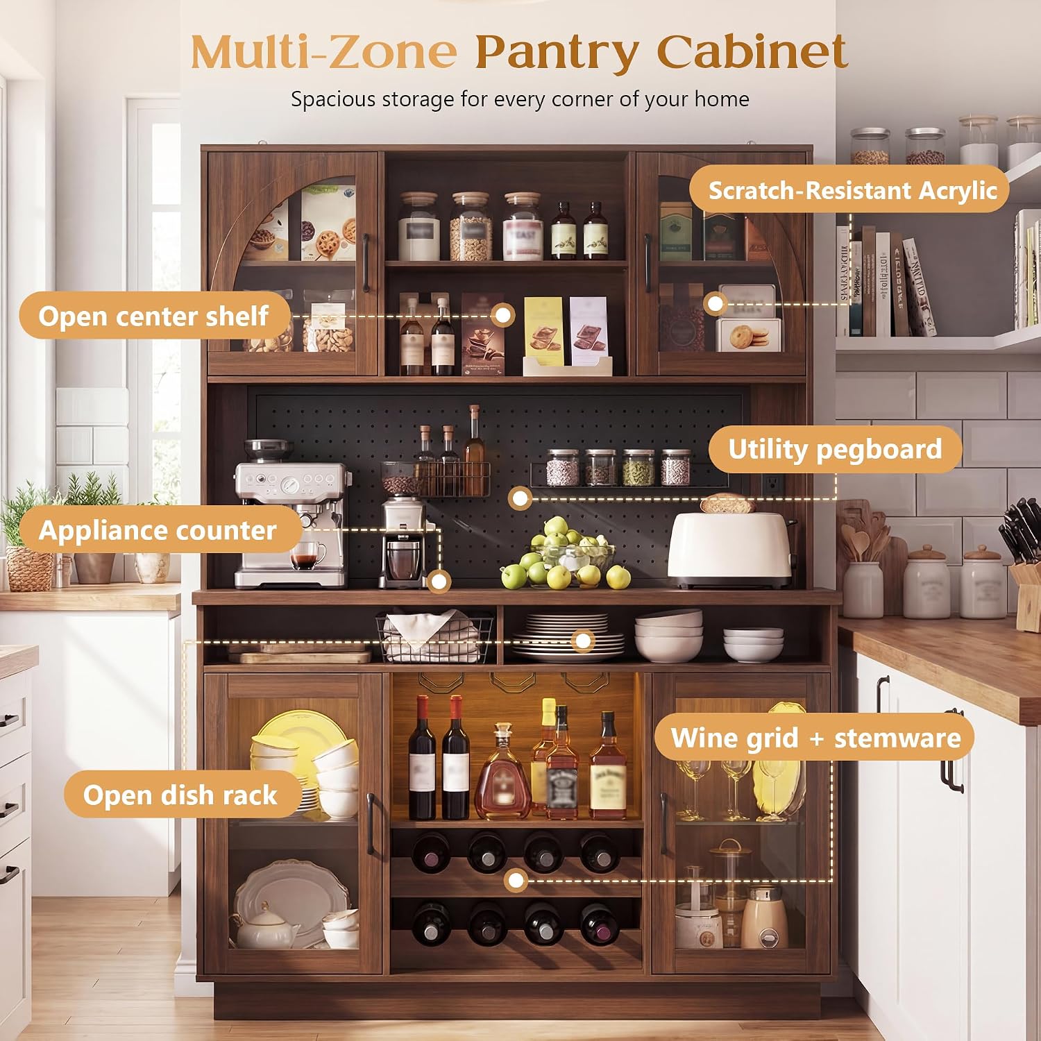Kitchen Pantry Storage Cabinet, 71" Tall Kitchen Cabinets with Countertop & Shelves, Coffee Bar Cabinet with Charging Station/LED Light, Pantry Cabinets for Kitchen Storage,Walnut