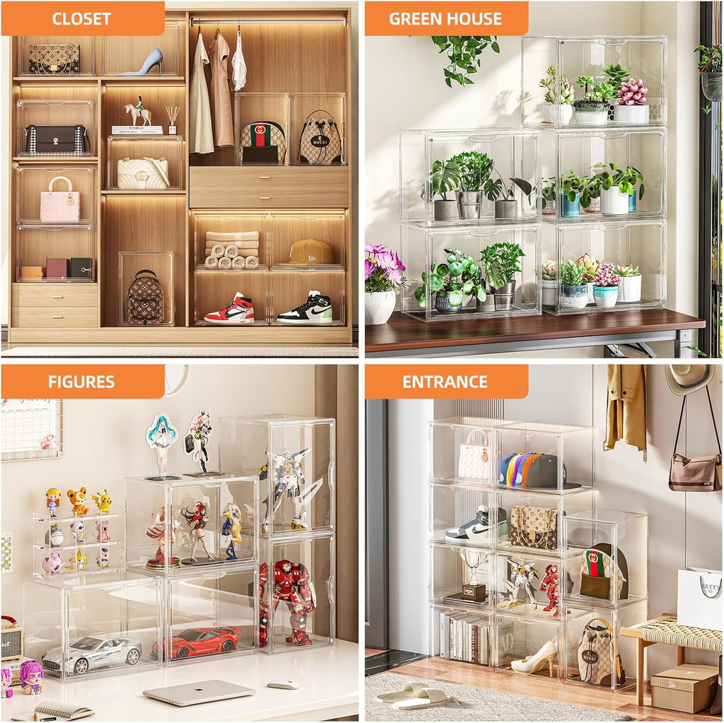 HOYOJA Clear Acrylic Display Case, Large Stackable Storage Bins Magnetic Attraction Lids, 5 Pack Acrylic Box Showcase for Collectibles, Figures, Cosmetic, Purse, Handbag, Wallet, 10.7x8.6x14.2 inch