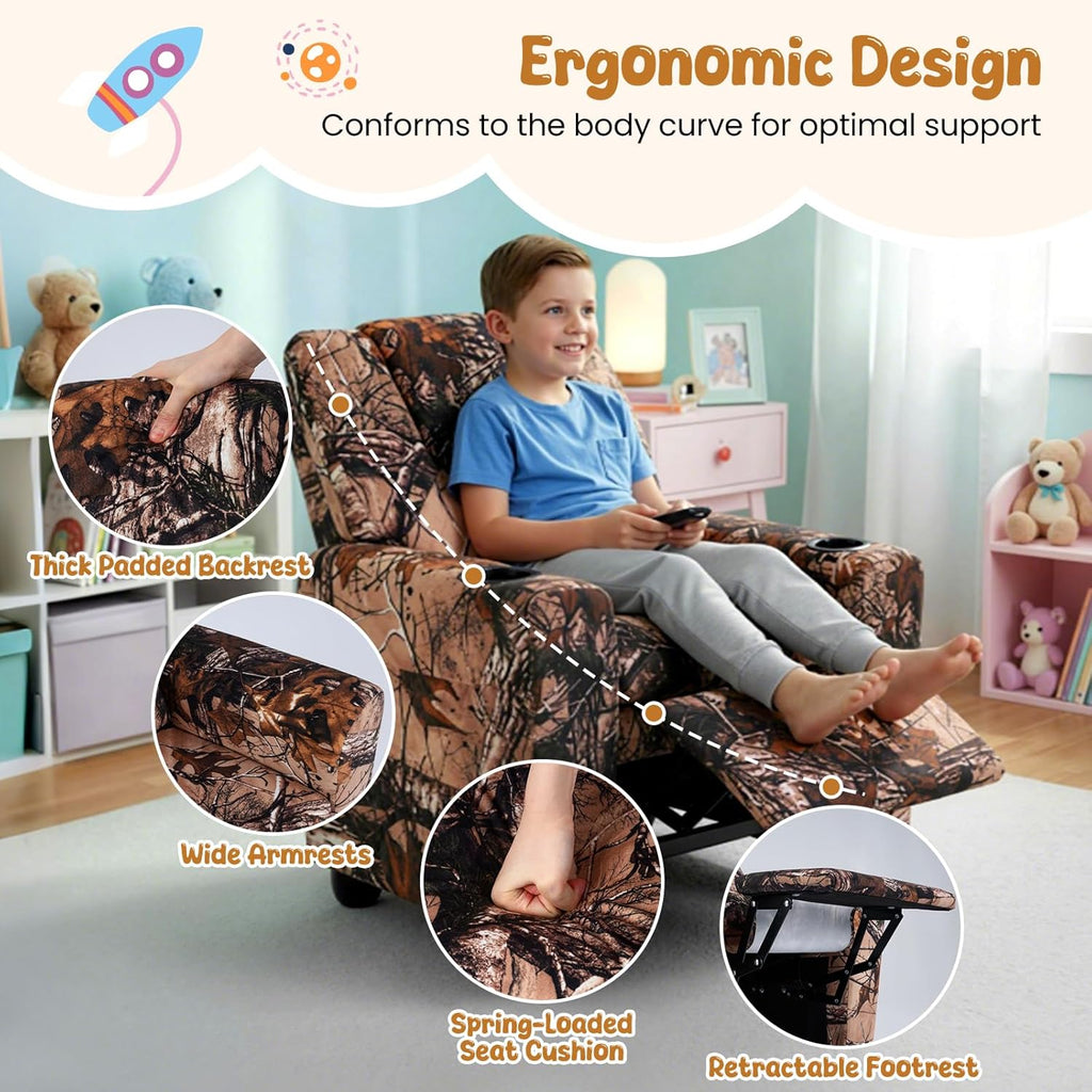 HONEY JOY Kids Recliner, 2-in-1 Toddler Armrest Sofa Couch with Cup Holders, Adjustable Footrest, Velvet Fabric, Child-Size Recliner Chair for Boys Girls Age 3+ (Leaf Color)