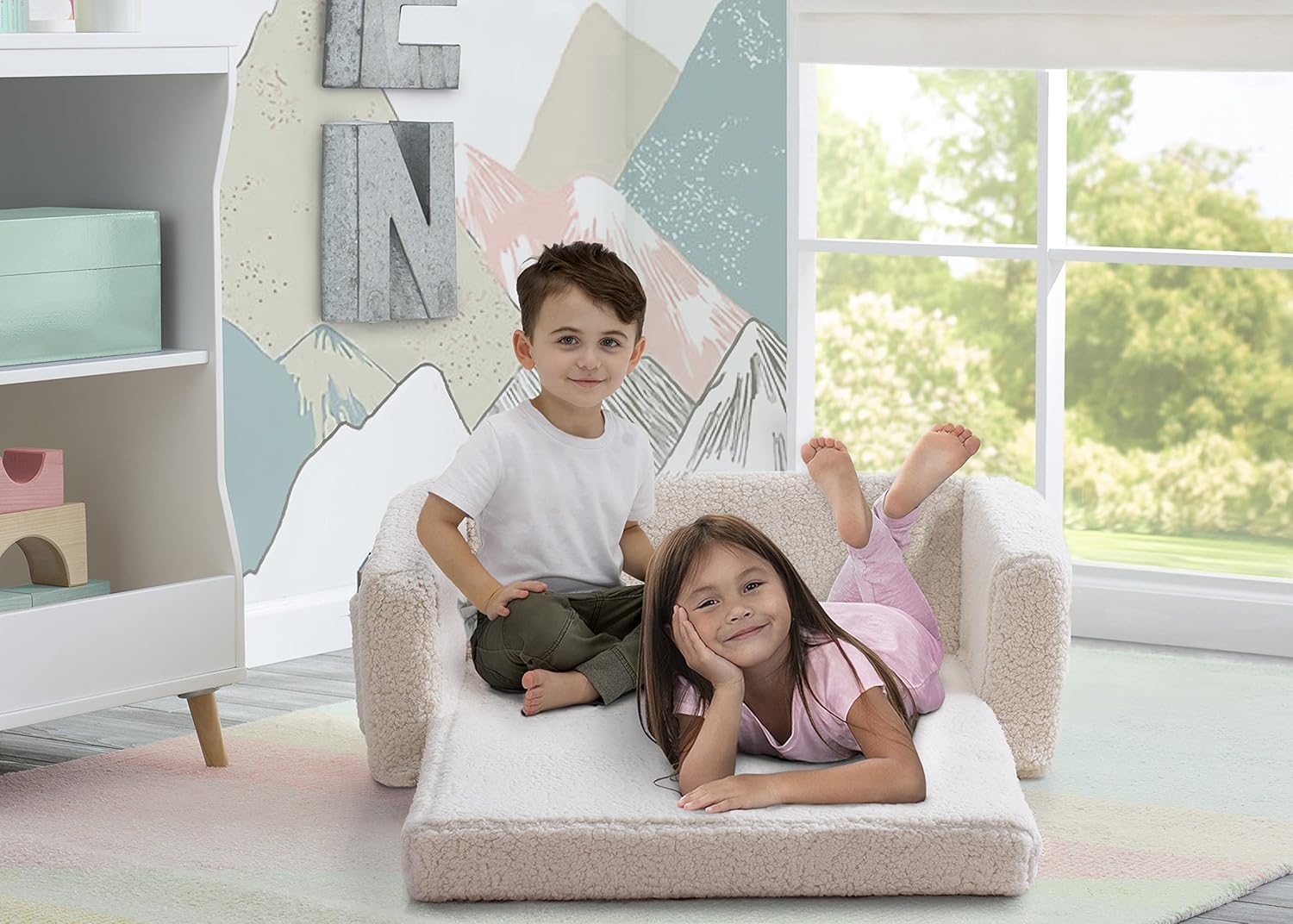 Delta Children Cozee Flip-Out Sherpa 2-in-1 Convertible Sofa to Lounger for Kids, Cream (Pack of 3)