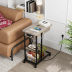 IDEALHOUSE C Shaped End Table with Charging Station, Grey Flip Top Sofa Table with USB Ports and Outlets, Narrow Side Table with 3 Tier Storage Shelf for Living Room, Bedroom, Small Spaces