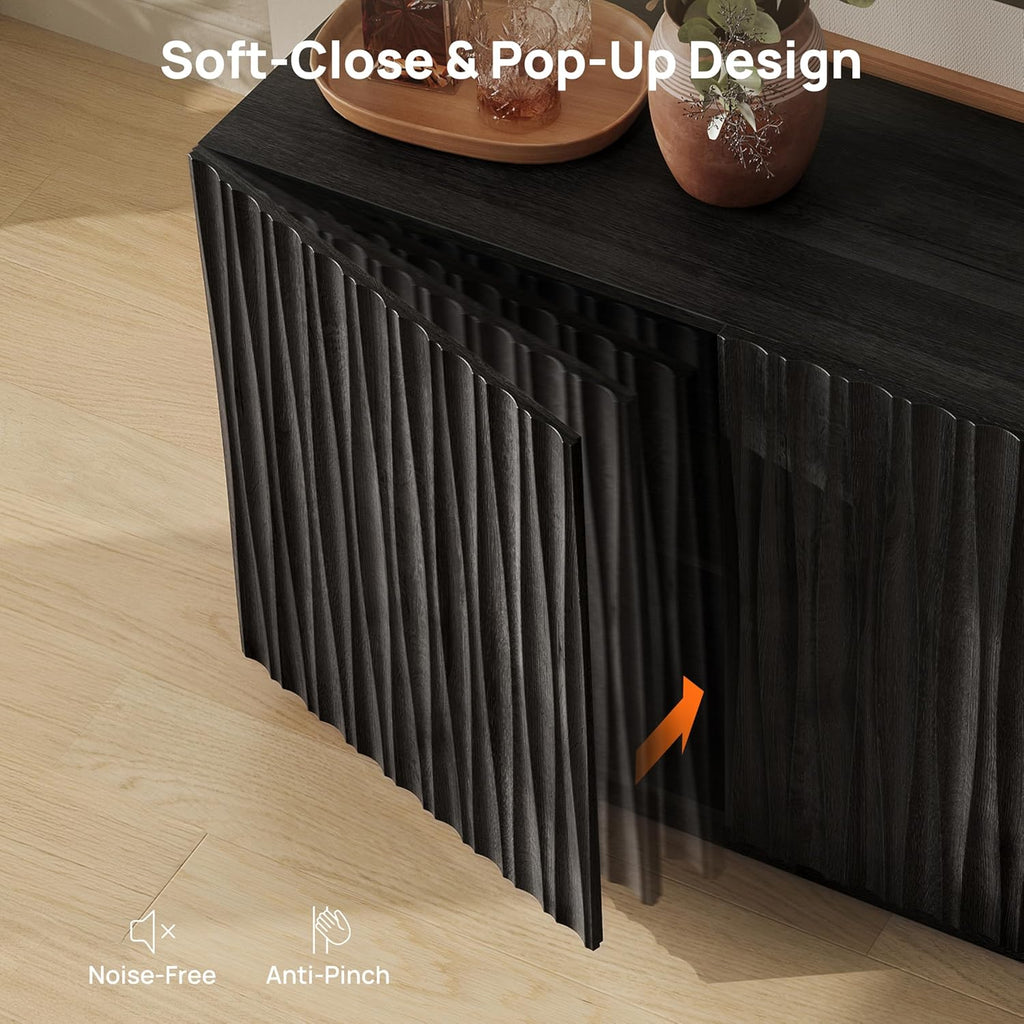CHIC HOUSE 70" Fluted Mid Century Modern Buffet Cabinet with Storage, Farmhouse Storage Sideboard Cabinet with Doors, Accent Cabinet & Media Console for Living Room, Entryway, Black Walnut