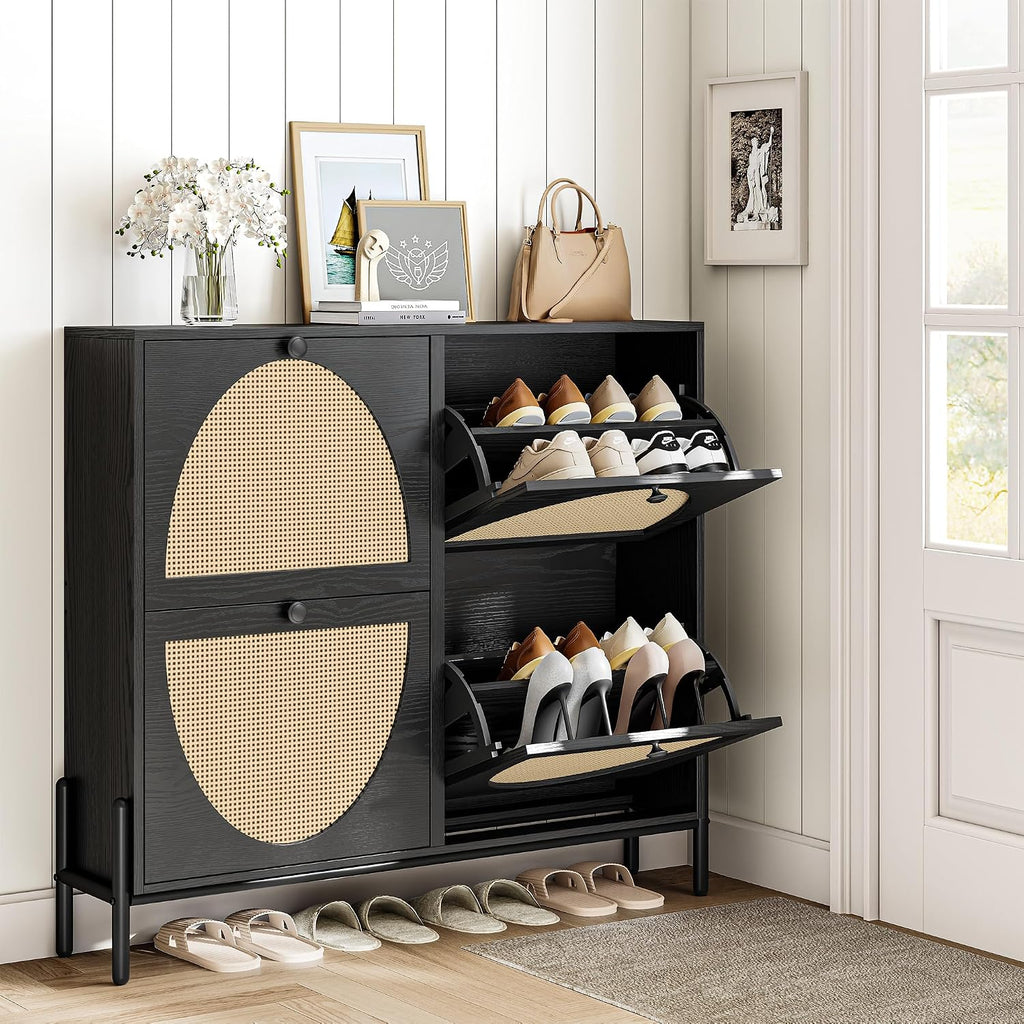 IRONCK Rattan Shoe Cabinet Storage with 4 Flip Drawers, Freestanding Shoe Storage Organizer Cabinet for Entryway, Narrow Shoe Rack Cabinet, Matte Black