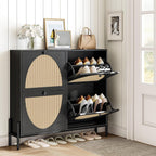 IRONCK Rattan Shoe Cabinet Storage with 4 Flip Drawers, Freestanding Shoe Storage Organizer Cabinet for Entryway, Narrow Shoe Rack Cabinet, Matte Black