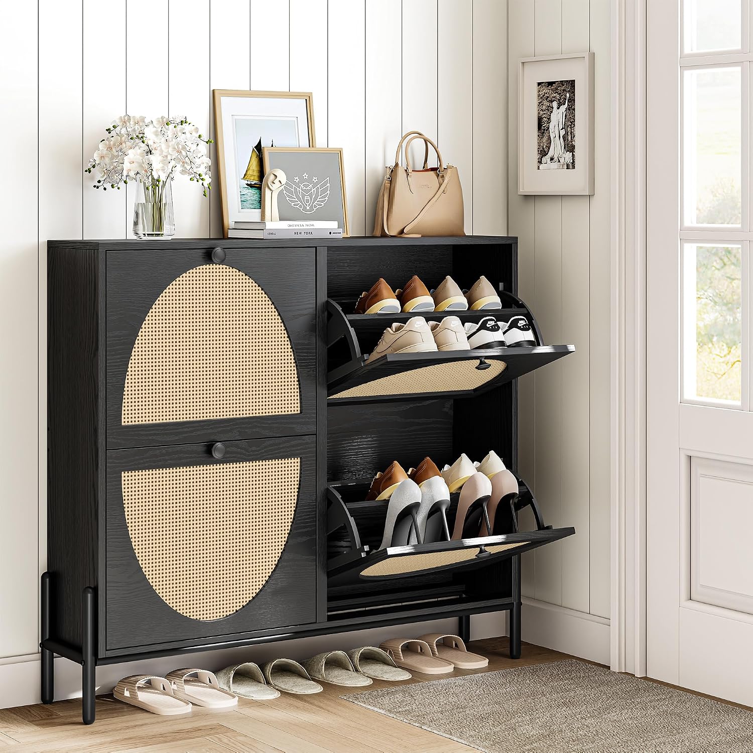 IRONCK Rattan Shoe Cabinet Storage with 4 Flip Drawers, Freestanding Shoe Storage Organizer Cabinet for Entryway, Narrow Shoe Rack Cabinet, Matte Black