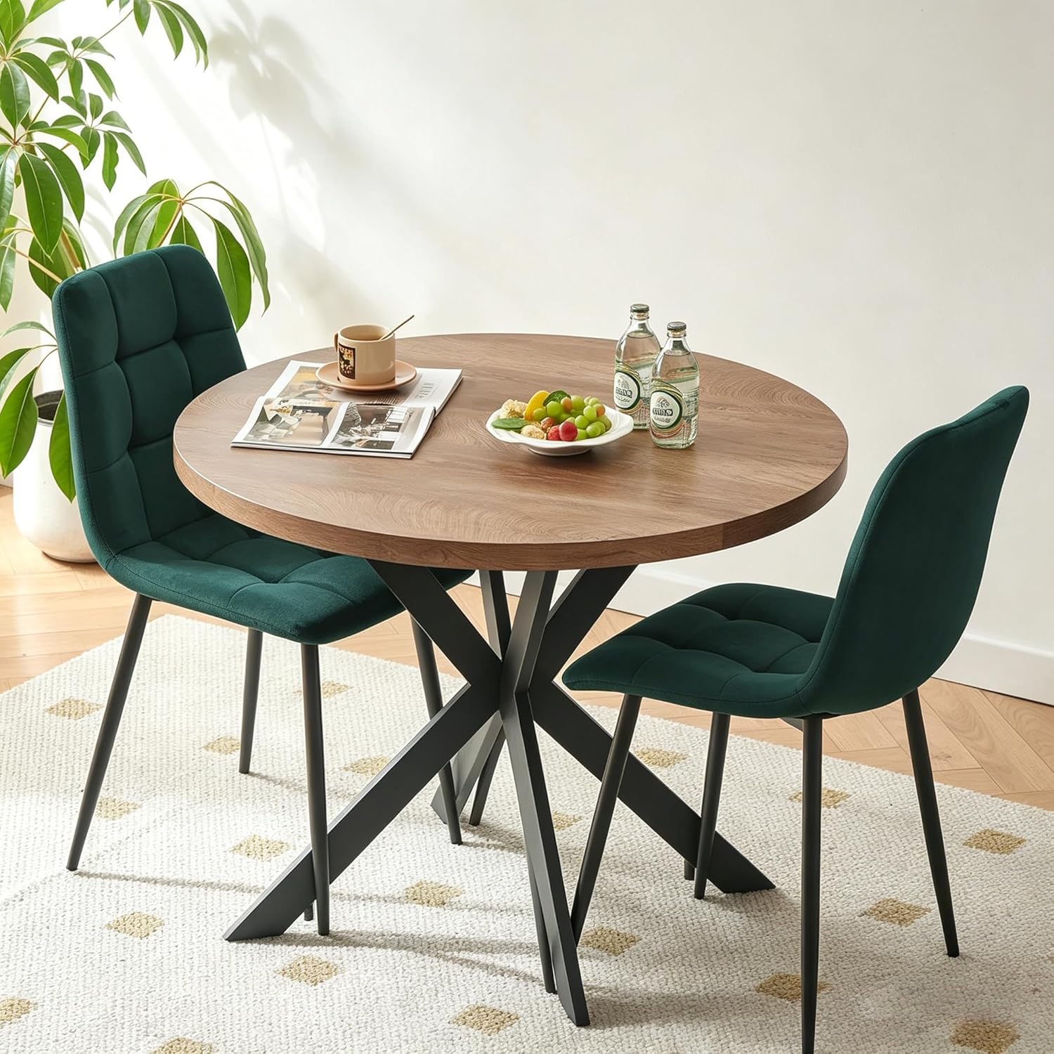 Homedot Round Dining Table Set for 2 with Green Chairs, Modern Mid Century Kitchen Table Chairs Set for Dining Room, 37-Inch Circle Dining Set with Upholstered Chairs for Apartment/Restaurant