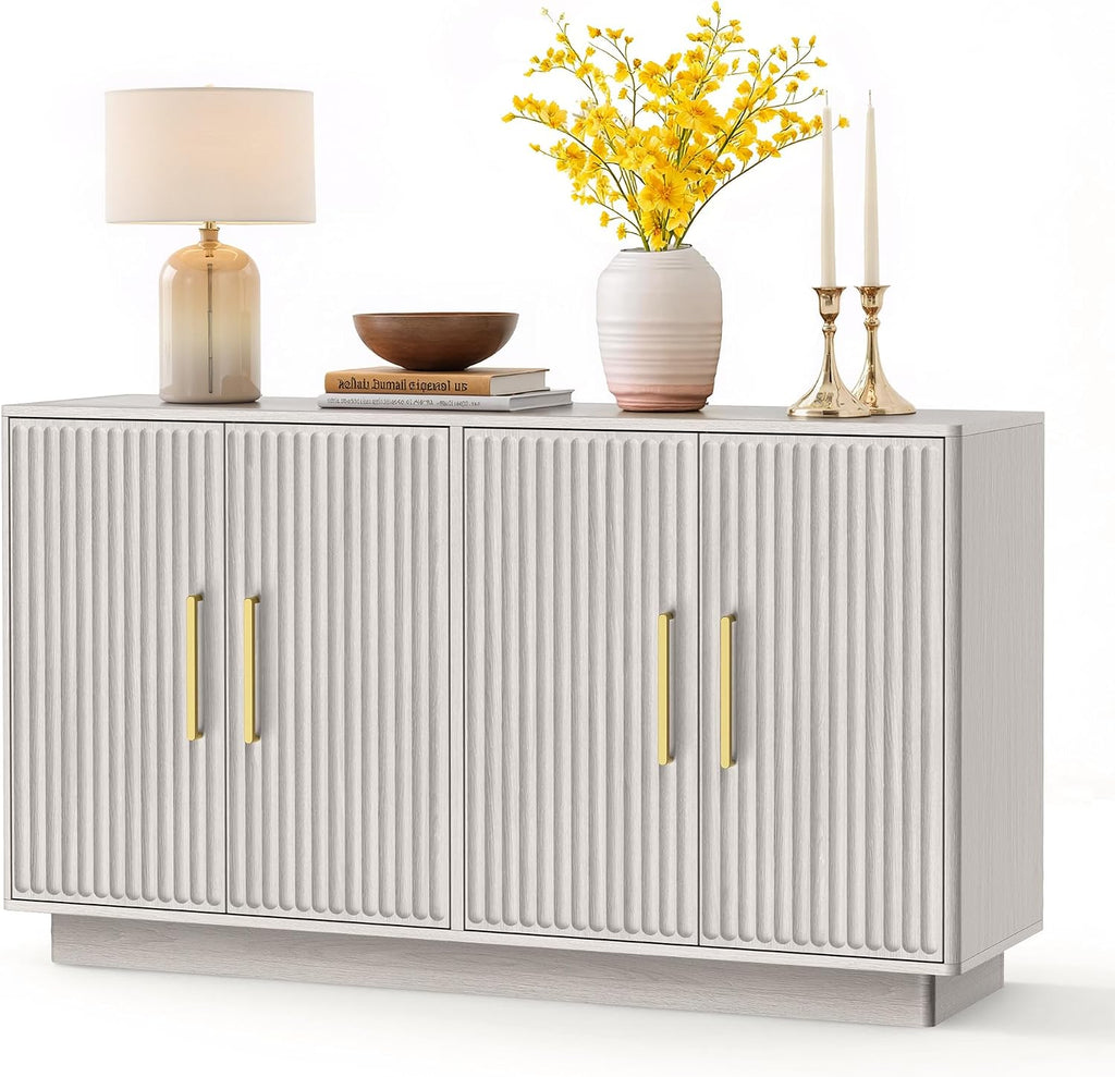 PAPROOS 55" Modern Fluted Sideboard Buffet Cabinet, Space-Saving Storage Credenza for Home Coffee Bar, 4-Door Accent Furniture with Adjustable Shelves for Clutter-Free Living (Beige Gray-1)