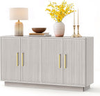 PAPROOS 55" Modern Fluted Sideboard Buffet Cabinet, Space-Saving Storage Credenza for Home Coffee Bar, 4-Door Accent Furniture with Adjustable Shelves for Clutter-Free Living (Beige Gray-1)