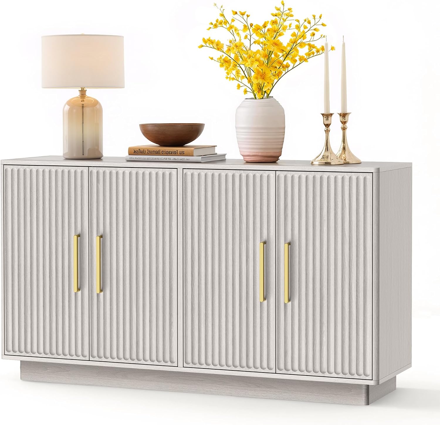 PAPROOS 55" Modern Fluted Sideboard Buffet Cabinet, Space-Saving Storage Credenza for Home Coffee Bar, 4-Door Accent Furniture with Adjustable Shelves for Clutter-Free Living (Beige Gray-1)
