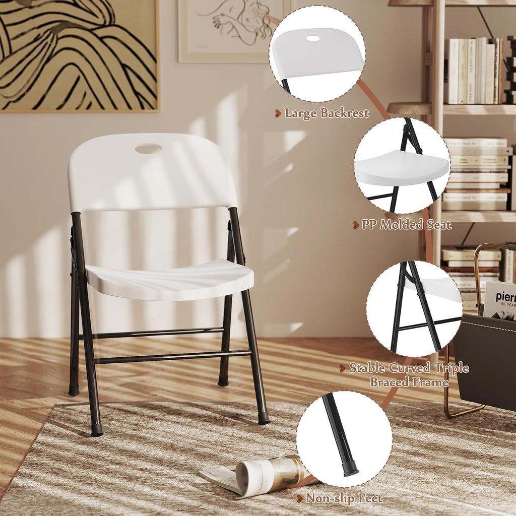 SKONYON White Plastic Folding Chairs Set of 4, 350LB Heavy Duty Metal Frame Foldable Chair for Indoor Outdoor, Lightweight Portable Stackable Fold Up Chairs for Wedding Party Picnic Patio