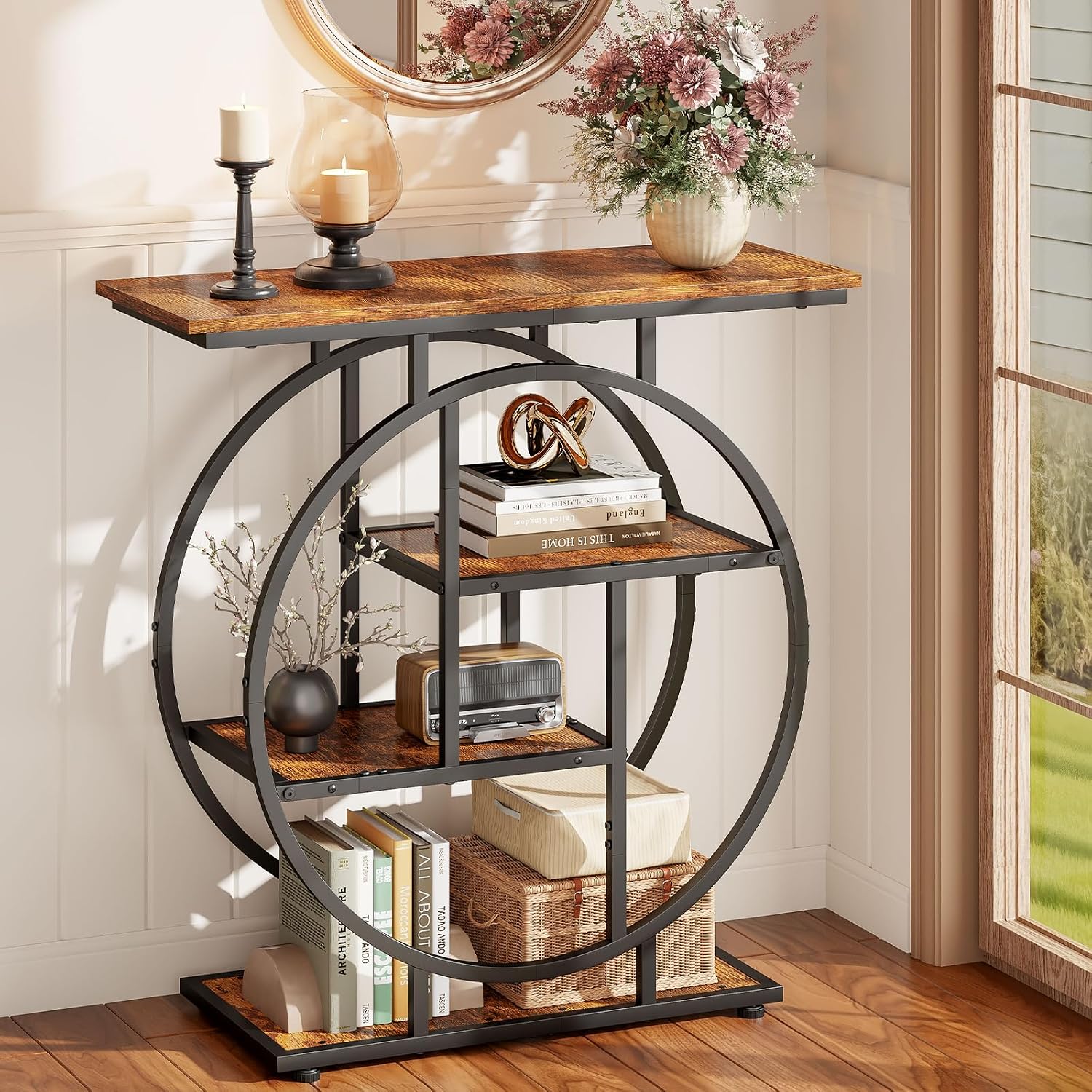 Small Entryway Console Table, 31.5" Narrow Sofa Table Behind Couch with Modern Curved Metal Frame, Skinny Wood Entry Table for Hallway, Entrance, Living Room, Wall, Foyer, Front Door, Rustic Brown
