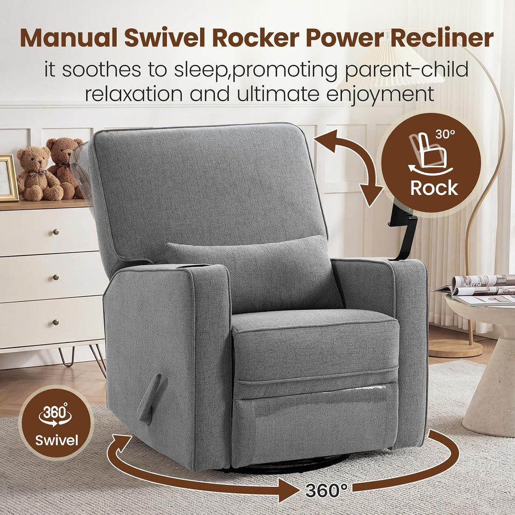 360° Swivel Rocker Recliner Chair with Adjustable Footrest, Rocking Chair Nursery with Phone Stand & Cup Holder,Manual Nursing Chair Glider Recliner Armchair for Adults, Living Room (Grey)