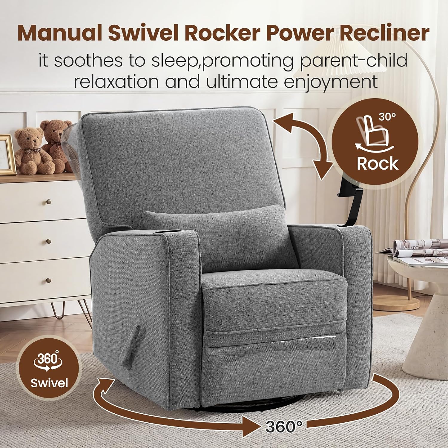 360° Swivel Rocker Recliner Chair with Adjustable Footrest, Rocking Chair Nursery with Phone Stand & Cup Holder,Manual Nursing Chair Glider Recliner Armchair for Adults, Living Room (Grey)