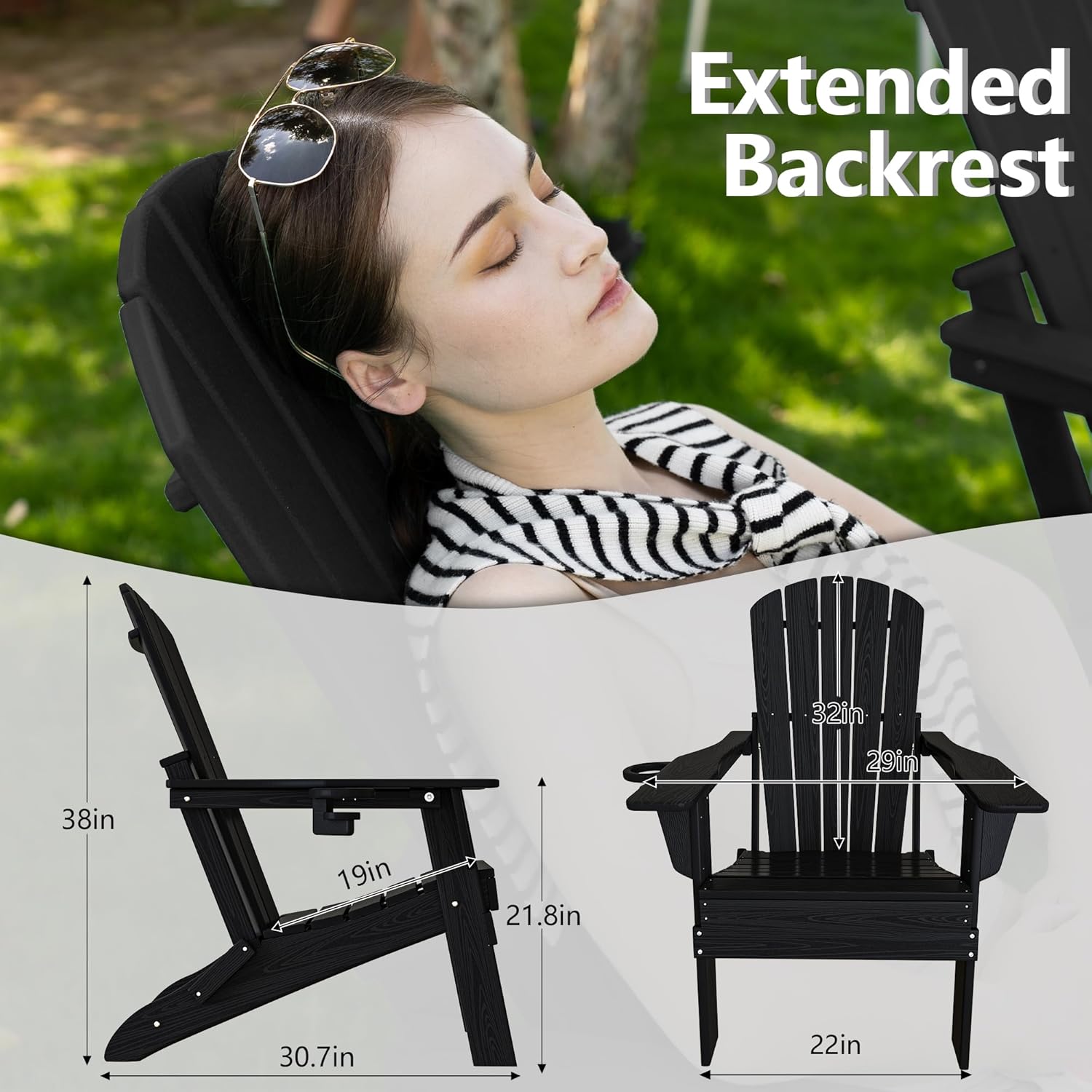 Plawdlik Folding Adirondack Chair Set of 4, Cup Holder，Wooden Textured ，Heavy All-Weather HDPE Comfortable Set Poolside Backyard Lawn Black