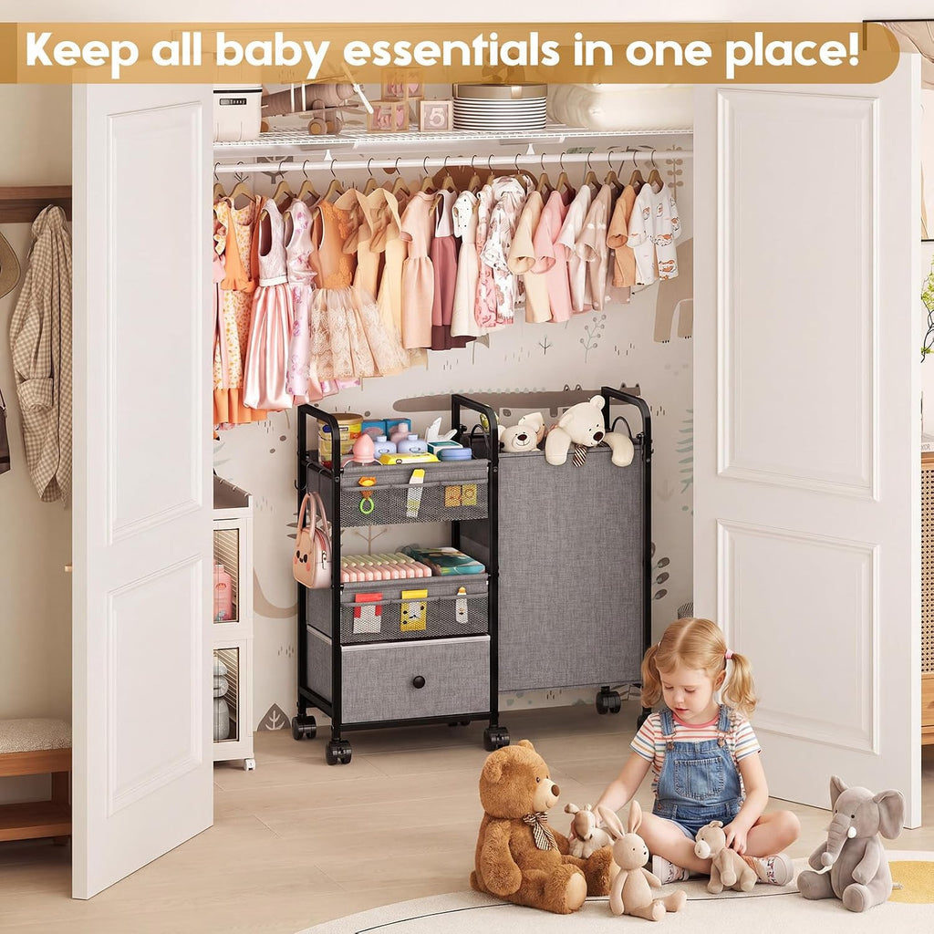 Cidaziya 2In1 Baby Diaper Caddy Organizer with Laundry Hamper, 3 Tier Rolling Cart with Dividers and Drawers, Upgrade Diaper Cart Utility Cart Clothes Organizer for Baby Essentials, New Mom, Nursery