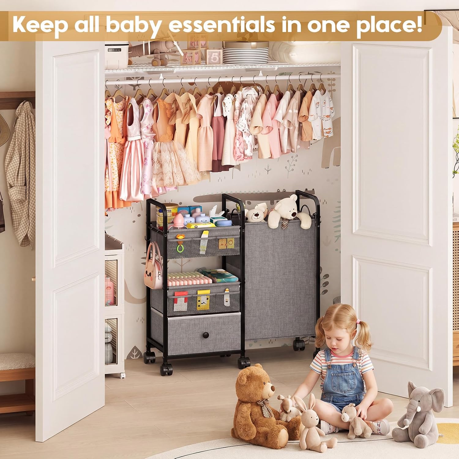 Cidaziya 2In1 Baby Diaper Caddy Organizer with Laundry Hamper, 3 Tier Rolling Cart with Dividers and Drawers, Upgrade Diaper Cart Utility Cart Clothes Organizer for Baby Essentials, New Mom, Nursery