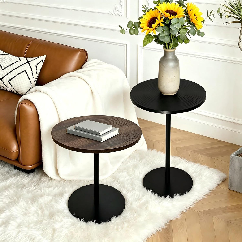Small Round Side Table Set of 2 Drink End Tables for Living Room Small Spaces Modern Accent Bedside Nightstand Bedroom, Corners, and Office Walnut Ø 15.75 x H 16.93 & Black Φ13.78 x H 20.87