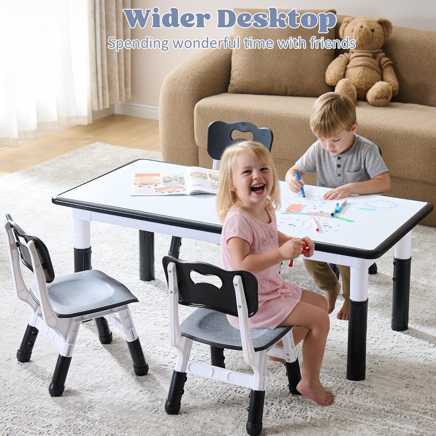 Kids Table and 4 Chairs Set, Height Adjustable Toddler Table and Chair Set, Toddler Desk with Graffiti Desktop & Non-Slip Legs, Children Activity Table for Daycare, Classroom (Black)