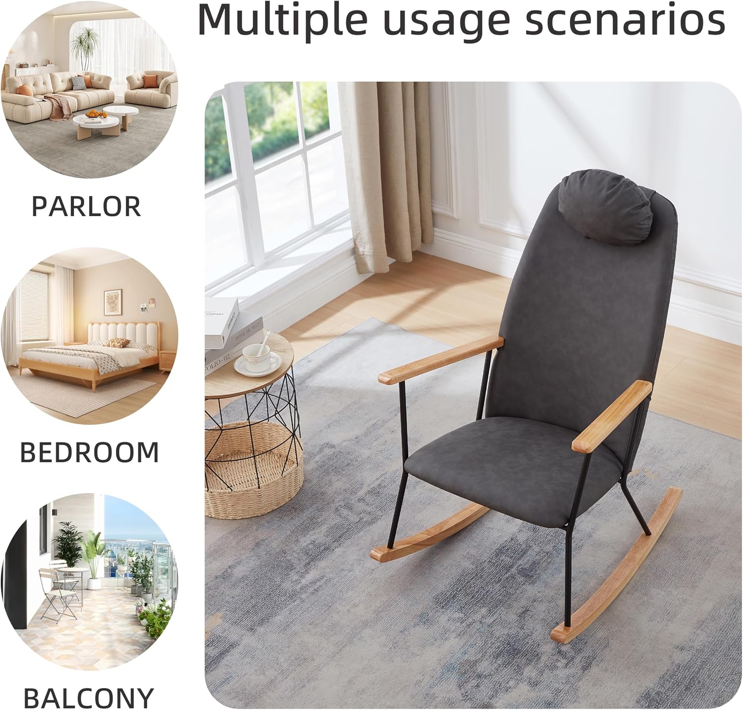 Nursery Rocking Chair Indoor, Small Rocking Chairs for Small Spaces, Upholstered Rocker Chair with High Back& Headrest Pillow, Comfy Rocking Chair for Bedroom, Living Room, Patio& Porch (Dark Grey)