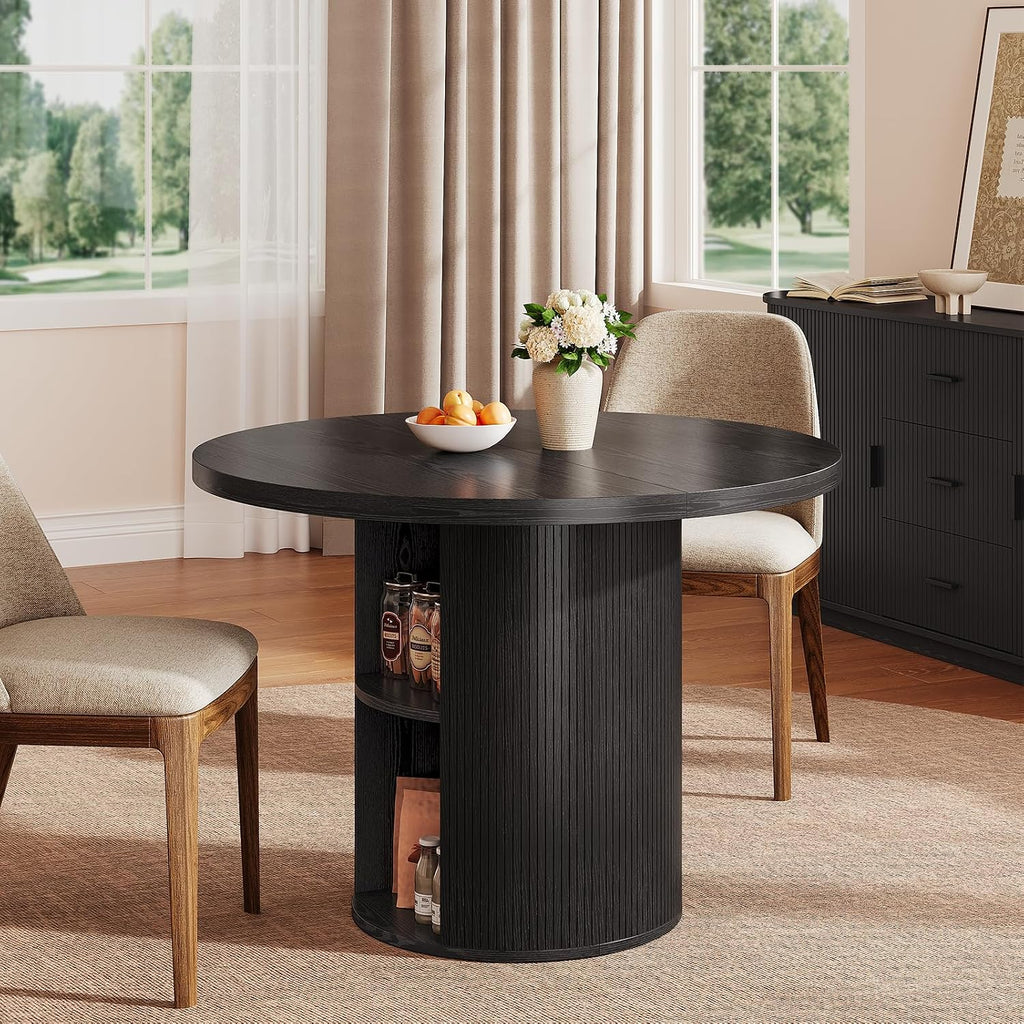 ONBRILL 41-78 Inch Extendable Dining Table for 4-8, Fluted Expandable Kitchen Table with Storage, 2 Leaf, Mid Century Modern Oval Dinner Tables for Dining Room, Kitchen, Living Room, Black