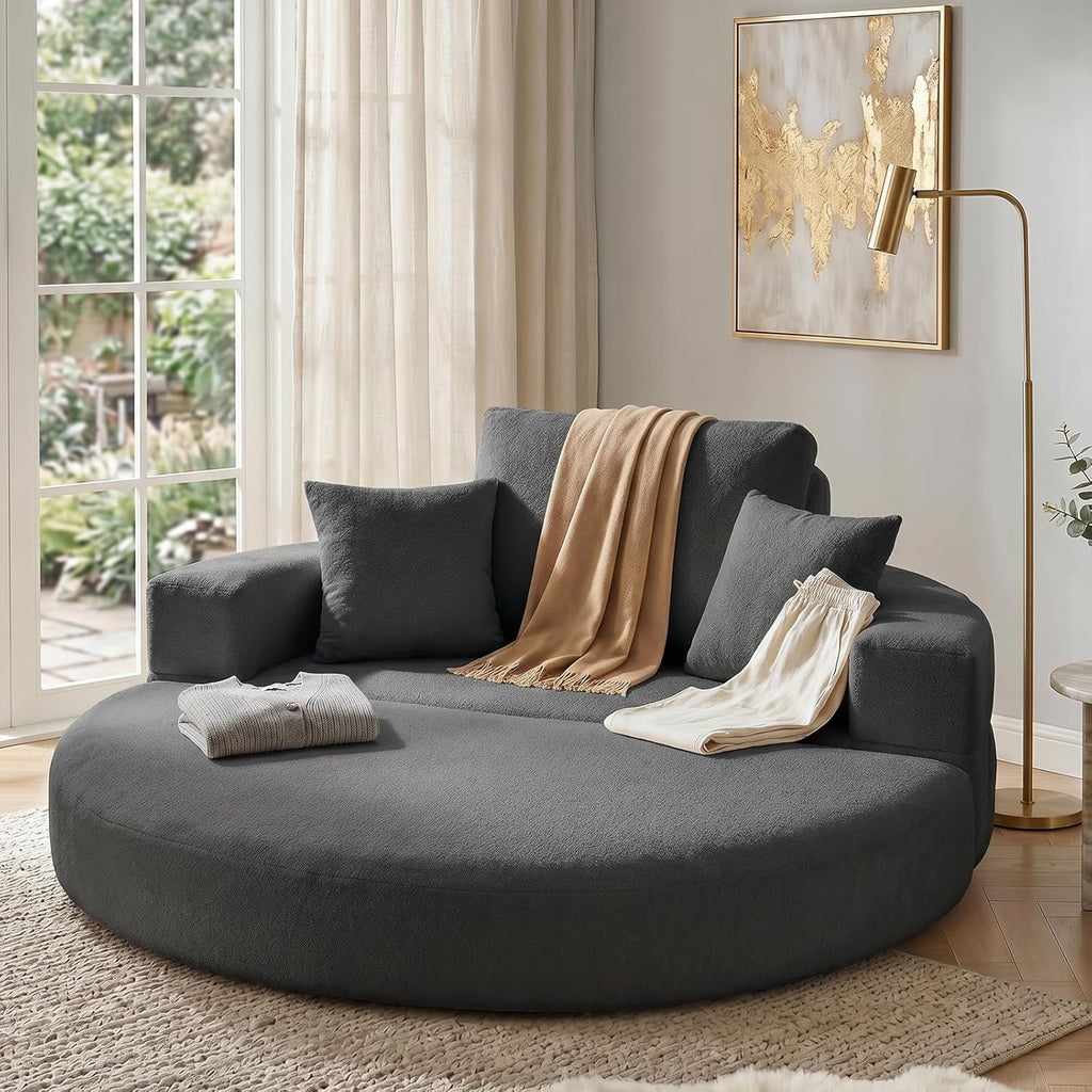 79" Foldable 2-in-1 Oversized Round Chaise Lounge,Chenille Fabric Reading Nook Chair with Ottoman,Boneless Chair with 2 Throw Pillows,Couch Chair Suitable for Living Room, Bedroom,No Assembly(Gray)