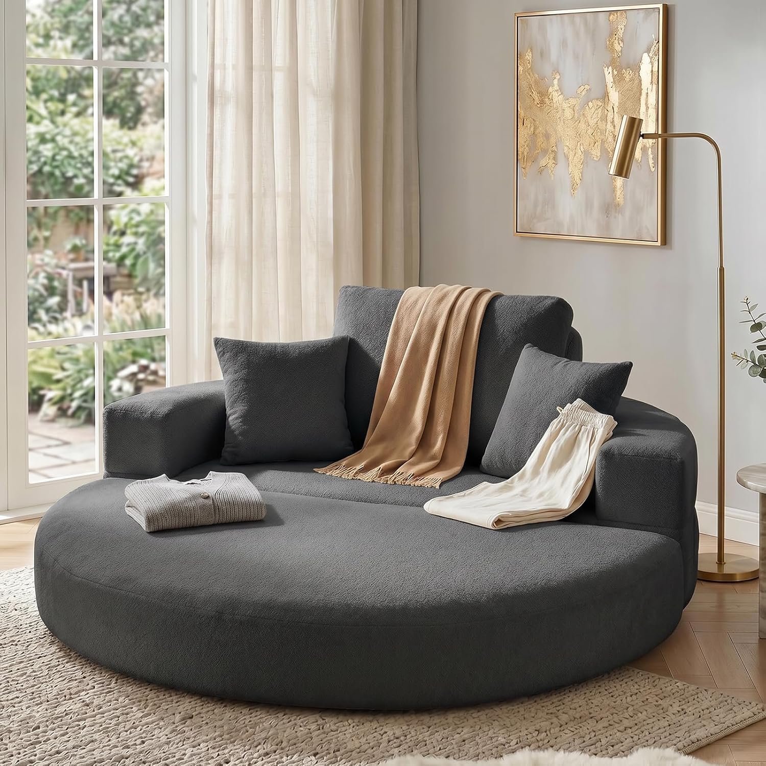 79" Foldable 2-in-1 Oversized Round Chaise Lounge,Chenille Fabric Reading Nook Chair with Ottoman,Boneless Chair with 2 Throw Pillows,Couch Chair Suitable for Living Room, Bedroom,No Assembly(Gray)