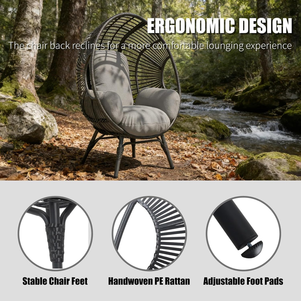 Egg Chair Wicker Balcony Chairs, 400lbs Capacity, Indoor Outdoor, 8-Inch Comfort Cushion(Black+Gray)