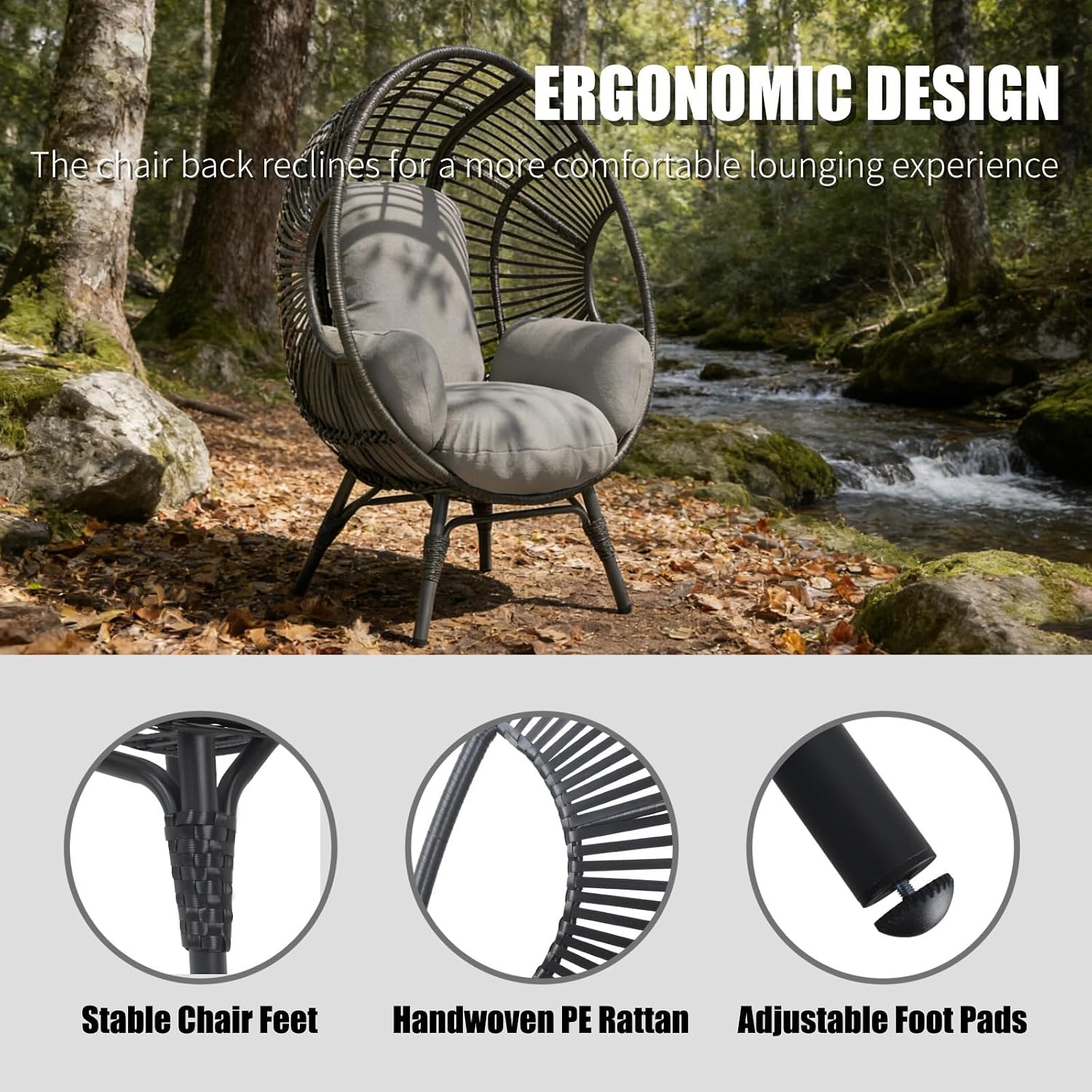 Egg Chair Wicker with Rust-Resistant Frame, 400lbs Capacity, Indoor Outdoor, 8-Inch Cushion Balcony Chairs(Black+Gray)