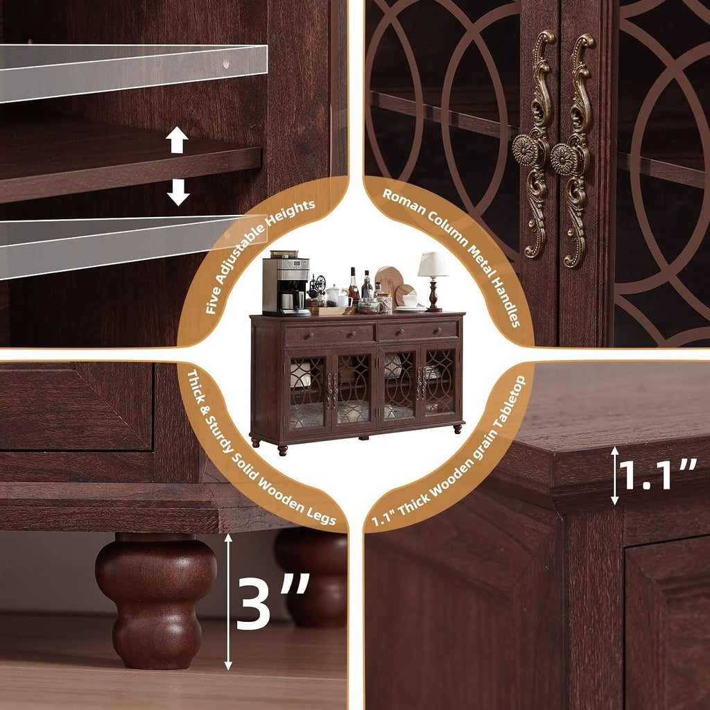 Joaxswe Farmhouse Sideboard Buffet Cabinet with Storage,59" Large Credenza with 4 Glass Doors & 2 Drawers,Adjustable Shelves Console Table,Wood Kitchen Coffee Bar for Dining Room,Living Room,Walnut