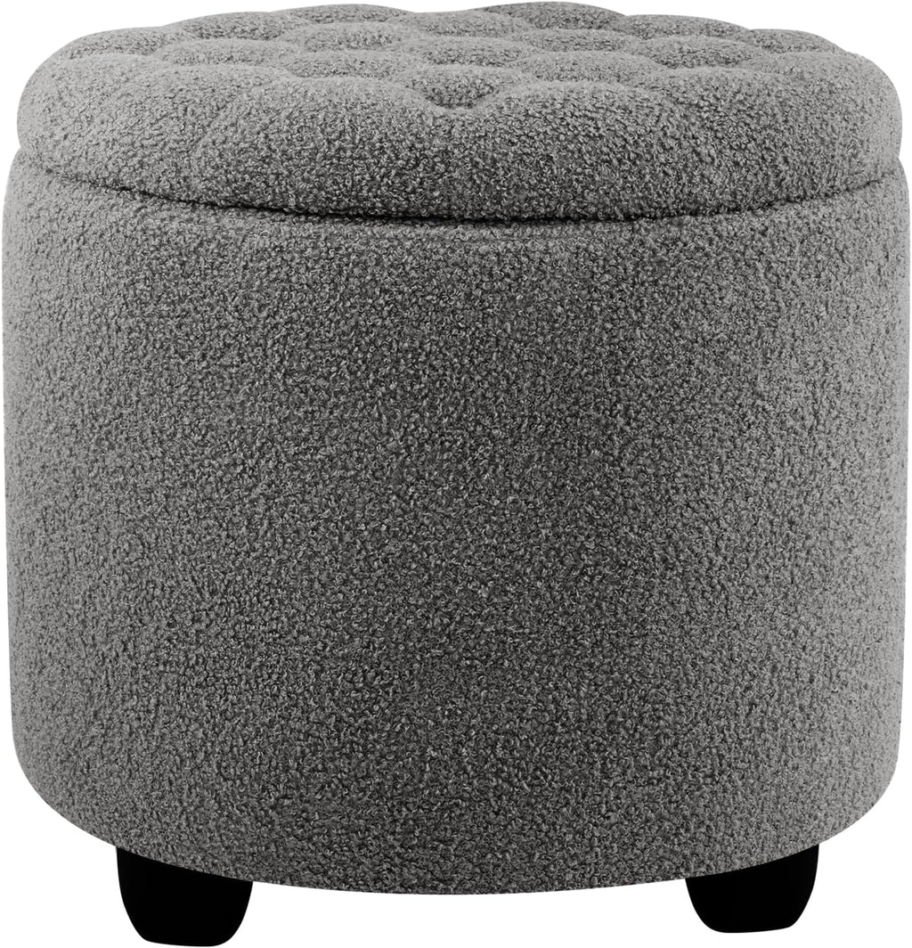 Furniliving Modern Round Storage Ottoman, Upholstered Button Tufted Ottoman Footstool Ottomans with Removable Lid Storage Footstool for Living Room, Bedroom, Makeup Room, Teddy, Grey