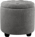 Furniliving Modern Round Storage Ottoman, Upholstered Button Tufted Ottoman Footstool Ottomans with Removable Lid Storage Footstool for Living Room, Bedroom, Makeup Room, Teddy, Grey
