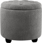 Furniliving Modern Round Storage Ottoman, Upholstered Button Tufted Ottoman Footstool Ottomans with Removable Lid Storage Footstool for Living Room, Bedroom, Makeup Room, Teddy, Grey
