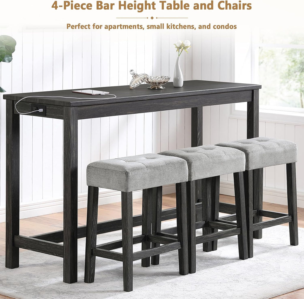 4-Piece Bar Height Table and Chairs with Power Outlet, 59" Counter Height Dining Table Set for 3, High Pub Tables with 3 Linen Upholstered Stools for Kitchen Bar Dining Room (Black RectTable+3Chair)
