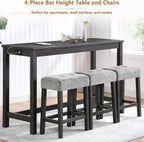 4-Piece Bar Height Table and Chairs with Power Outlet, 59" Counter Height Dining Table Set for 3, High Pub Tables with 3 Linen Upholstered Stools for Kitchen Bar Dining Room (Black RectTable+3Chair)