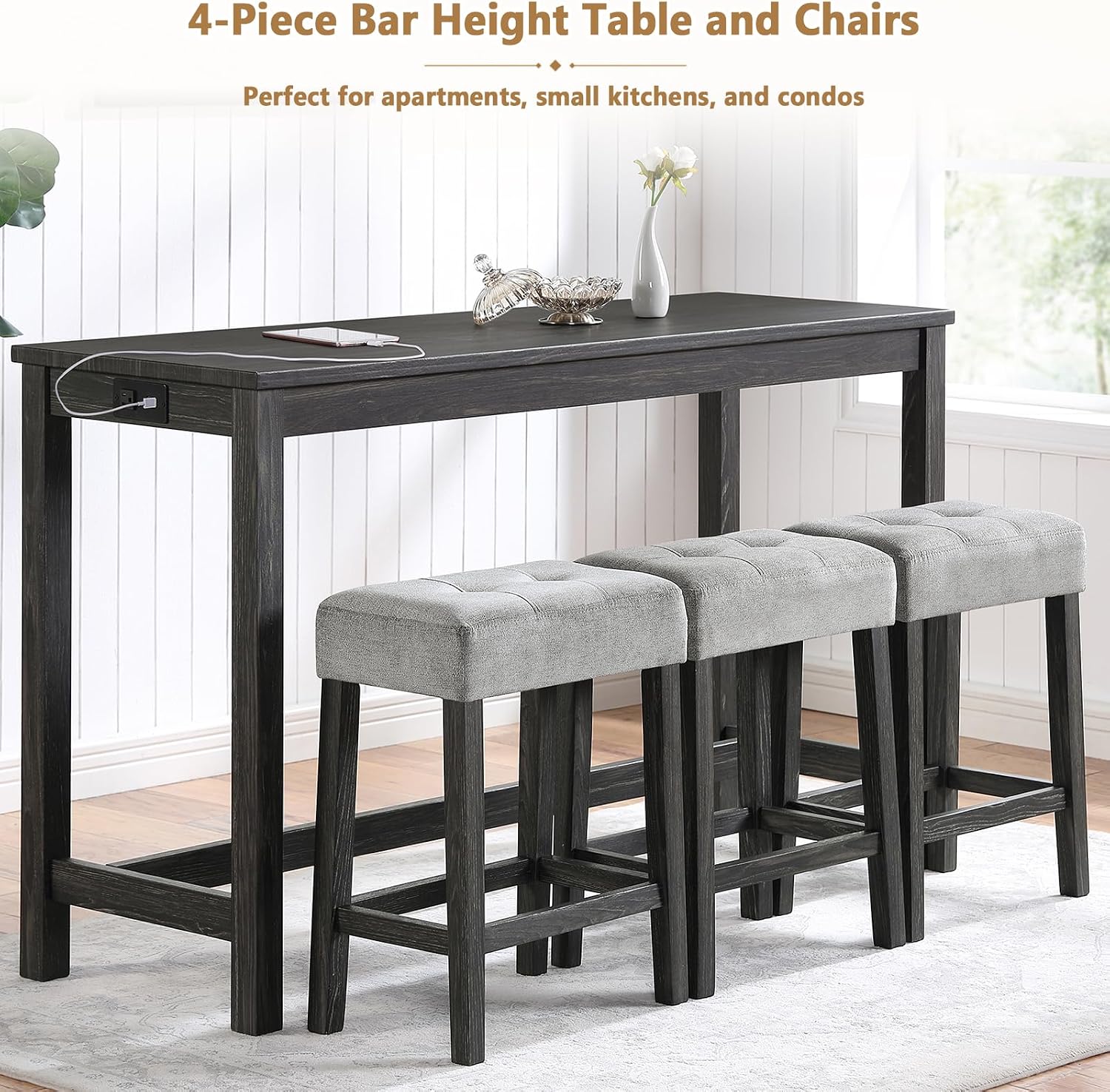 4-Piece Bar Height Table and Chairs with Power Outlet, 59" Counter Height Dining Table Set for 3, High Pub Tables with 3 Linen Upholstered Stools for Kitchen Bar Dining Room (Black RectTable+3Chair)
