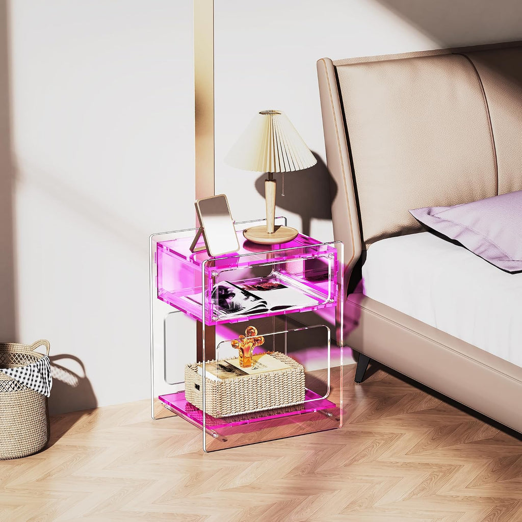 Acrylic Side Table for Living Room, Acrylic Nightstand for Bedroom, L-Series, 15.7'' x 11.8'' × 19.7'' inches (Pink)