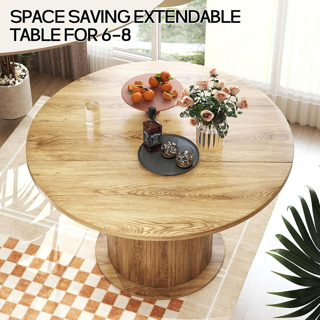 47" Round Dining Table for 4-6, Kitchen Table Dinner Table with 2-Layer Hidden Storage and Wood Slide Door,Space Saving for Small Spaces, Mid-Century Modern Circle Design(Oak Color)