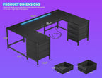 DurayLoly 67" U Shaped Gaming Corner Desk with Power Outlets & LED Lights,Computer Desk with 6 Drawers & File Cabinets,Home Office Desks Study Writing Table for Bedroom,Living Room,Black