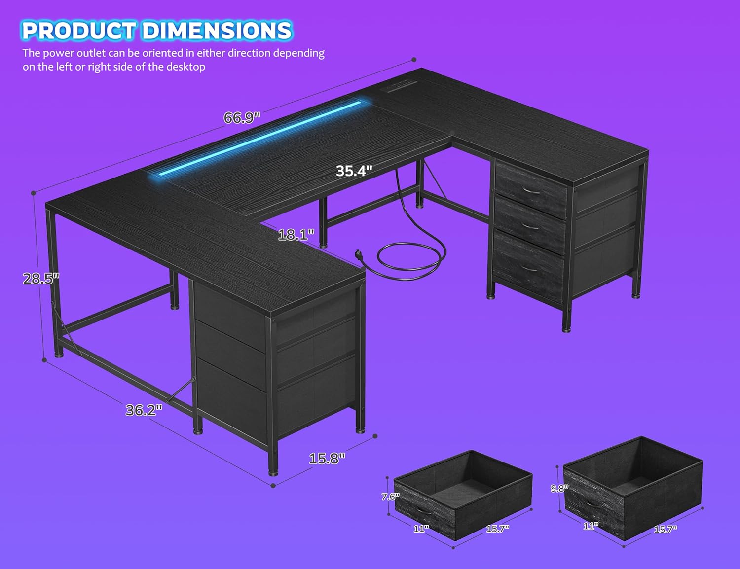 DurayLoly 67" U Shaped Gaming Corner Desk with Power Outlets & LED Lights,Computer Desk with 6 Drawers & File Cabinets,Home Office Desks Study Writing Table for Bedroom,Living Room,Black