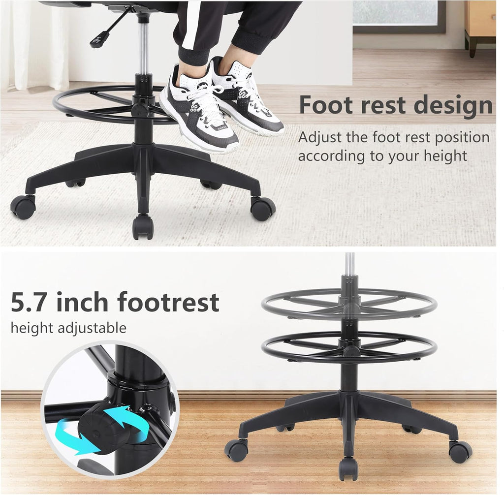 PayLessHere | Drafting Chair | Black | Tall Office Chair with Adjustable Seat Height & Footrest, Ergonomic Mesh Back, Lumbar Support, 360 Degree Swivel Rolling Wheels | for Workspaces & Home Office