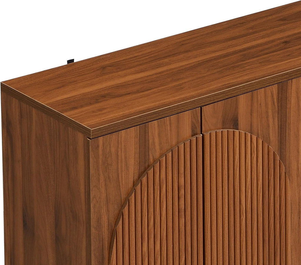 Brafab 4-Door Fluted Sideboard Buffet Cabinet with Arched Reeded Doors and Adjustable Shelves, Modern Credenza Storage Cabinet for Living Room Dining Room, Walnut Oak Finish