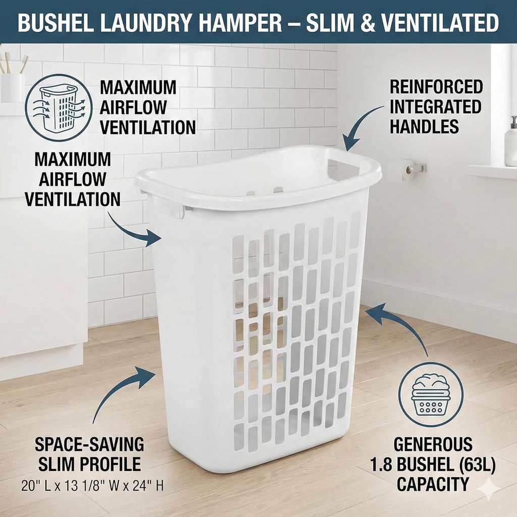 Bushel Laundry Hamper, Slim Rectangular Ventilated Plastic Clothes Basket, Heavy Duty Washing Bin With Reinforced Handles for Bathroom, Dorm, and Closet Organization, White, 1 Pack